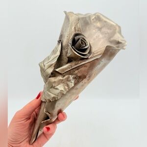 Silver Rose Leaf Wall Sconce | Vintage handmade silver metal rose sculpture vase